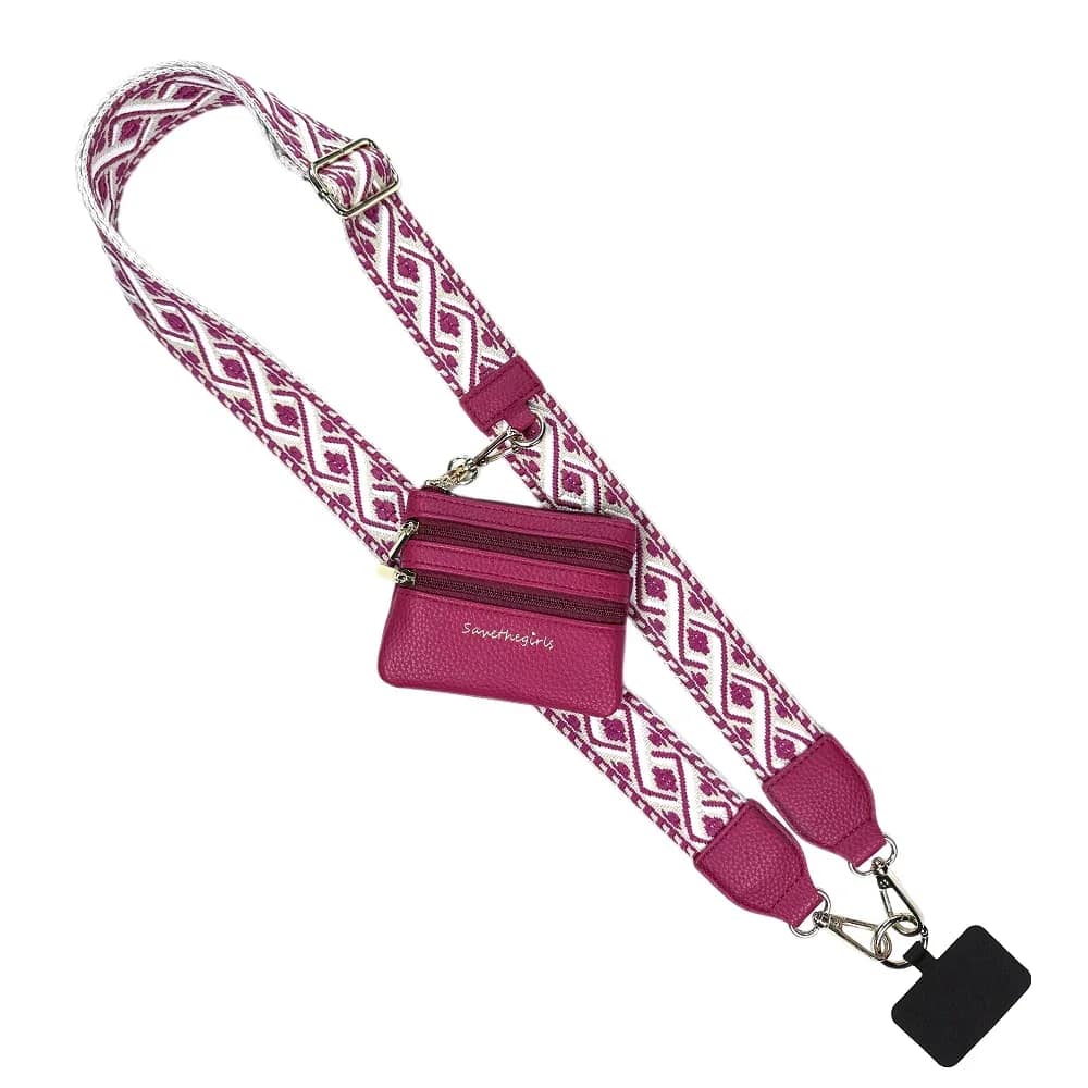 Save The Girls- Clip &amp; Go Strap w/Zippered Pouch XOXO Boysenberry - The Clip &amp; Go is a stylish and versatile phone strap. This strap offers more than meets the eye! The multifunctional design converts the crossbody into a wristlet or can be used as a fashion strap on a purse. The included phone card is easily tucked into the back side of your own phone case through the charging port hole leaving enough room to use your charging port as normal. The Clip &amp; Go effortlessly compliments your style while keeping your phone close at hand, allowing you to go hands-free with ease. Your phone can hang at your side hands free, while the included innovative hanging phone card, convenient zippered change pouch and detachable wristlet combine to create a product that has undeniable global appeal. Features:  Included Hanging Phone Card, converts your phone case into a hanging cross body carrier Beautiful and extremely comfortable, adjustable cross body shoulder strap, with removable wristlet Comes complete with a cute hanging (3) zippered change pouch. Carry cash, credit cards, change, and small items Removable, adjustable, cross body shoulder strap can easily be used on other purses  Dimensions:  Adjustable Shoulder Strap: 40&quot; to 61&quot; long and 1.5&quot; wide Zippered Pouch: 4.5&quot;wide x 3.5&quot; tall w/3 zippered compartments Detachable Wrist Strap: 9&quot; long x 1.5&quot; wide