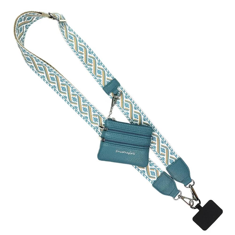 Save The Girls- Clip &amp; Go Strap w/Zippered Pouch XOXO- Peacock Blue  - The Clip &amp; Go is a stylish and versatile phone strap. This strap offers more than meets the eye! The multifunctional design converts the crossbody into a wristlet or can be used as a fashion strap on a purse. The included phone card is easily tucked into the back side of your own phone case through the charging port hole leaving enough room to use your charging port as normal. The Clip &amp; Go effortlessly compliments your style while keeping your phone close at hand, allowing you to go hands-free with ease. Your phone can hang at your side hands free, while the included innovative hanging phone card, convenient zippered change pouch and detachable wristlet combine to create a product that has undeniable global appeal.  Included Hanging Phone Card, converts your phone case into a hanging cross body carrier Beautiful and extremely comfortable, adjustable cross body shoulder strap, with removable wristlet Comes complete with a cute hanging (3) zippered change pouch. Carry cash, credit cards, change, and small items Removable, adjustable, cross body shoulder strap can easily be used on other purses Dimensions:  Adjustable Shoulder Strap: 40&quot; to 58&quot; long and 1.5&quot; wide Zippered Pouch: 4.5&quot;wide x 3.5&quot; tall w/3 zippered compartments Detachable Wrist Strap: 9&quot; long x 1.5&quot; wide