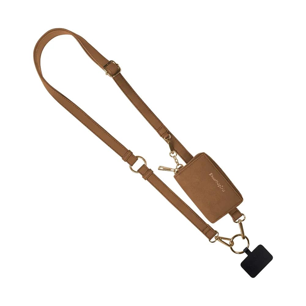 Save The Girls- Clip &amp; Go Strap w/Pouch Brushed Vegan Leather Brown  - The Clip &amp; Go is a stylish and versatile phone strap. This strap offers more than meets the eye! The multifunctional design converts the crossbody into a wristlet or can be used as a fashion strap on a purse. The included phone card is easily tucked into the back side of your own phone case through the charging port hole leaving enough room to use your charging port as normal. The Clip &amp; Go effortlessly compliments your style while keeping your phone close at hand, allowing you to go hands-free with ease. Your phone can hang at your side hands free, while the included innovative hanging phone card, convenient zippered change pouch and detachable wristlet combine to create a product that has undeniable global appeal. Features:  Included Hanging Phone Card, converts your phone case into a hanging cross body carrier Beautiful and extremely comfortable, adjustable cross body shoulder strap, with removable wristlet Comes complete with a cute hanging (3) zippered change pouch. Carry cash, credit cards, change, and small items Removable, adjustable, cross body shoulder strap can easily be used on other purses  Dimensions:  Adjustable Shoulder Strap: 40&quot; to 61&quot; long and 1.5&quot; wide Zippered Pouch: 4.5&quot;wide x 3.5&quot; tall w/3 zippered compartments Detachable Wrist Strap: 9&quot; long x 1.5&quot; wide