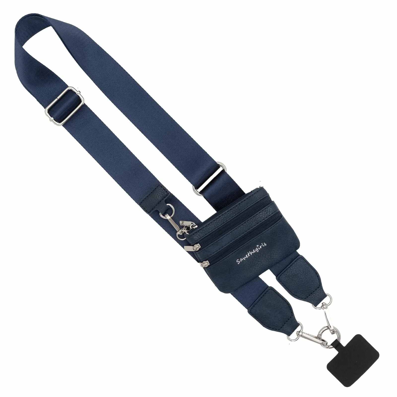 Save The Girls - Clip &amp; Go Strap with Pouch - Neutral Collection Navy Blue  - The Clip &amp; Go is a stylish and versatile phone strap. This strap offers more than meets the eye! The multifunctional design converts the crossbody into a wristlet or can be used as a fashion strap on a purse. The included phone card is easily tucked into the back side of your own phone case through the charging port hole leaving enough room to use your charging port as normal. The Clip &amp; Go effortlessly compliments your style while keeping your phone close at hand, allowing you to go hands-free with ease. Your phone can hang at your side hands free, while the included innovative hanging phone card, convenient zippered change pouch and detachable wristlet combine to create a product that has undeniable global appeal. Features:  Included Hanging Phone Card, converts your phone case into a hanging cross body carrier Beautiful and extremely comfortable, adjustable cross body shoulder strap, with removable wristlet Comes complete with a cute hanging (3) zippered change pouch. Carry cash, credit cards, change, and small items Removable, adjustable, cross body shoulder strap can easily be used on other purses  Dimensions:  Adjustable Shoulder Strap: 40&quot; to 61&quot; long and 1.5&quot; wide Zippered Pouch: 4.5&quot;wide x 3.5&quot; tall w/3 zippered compartments Detachable Wrist Strap: 9&quot; long x 1.5&quot; wide
