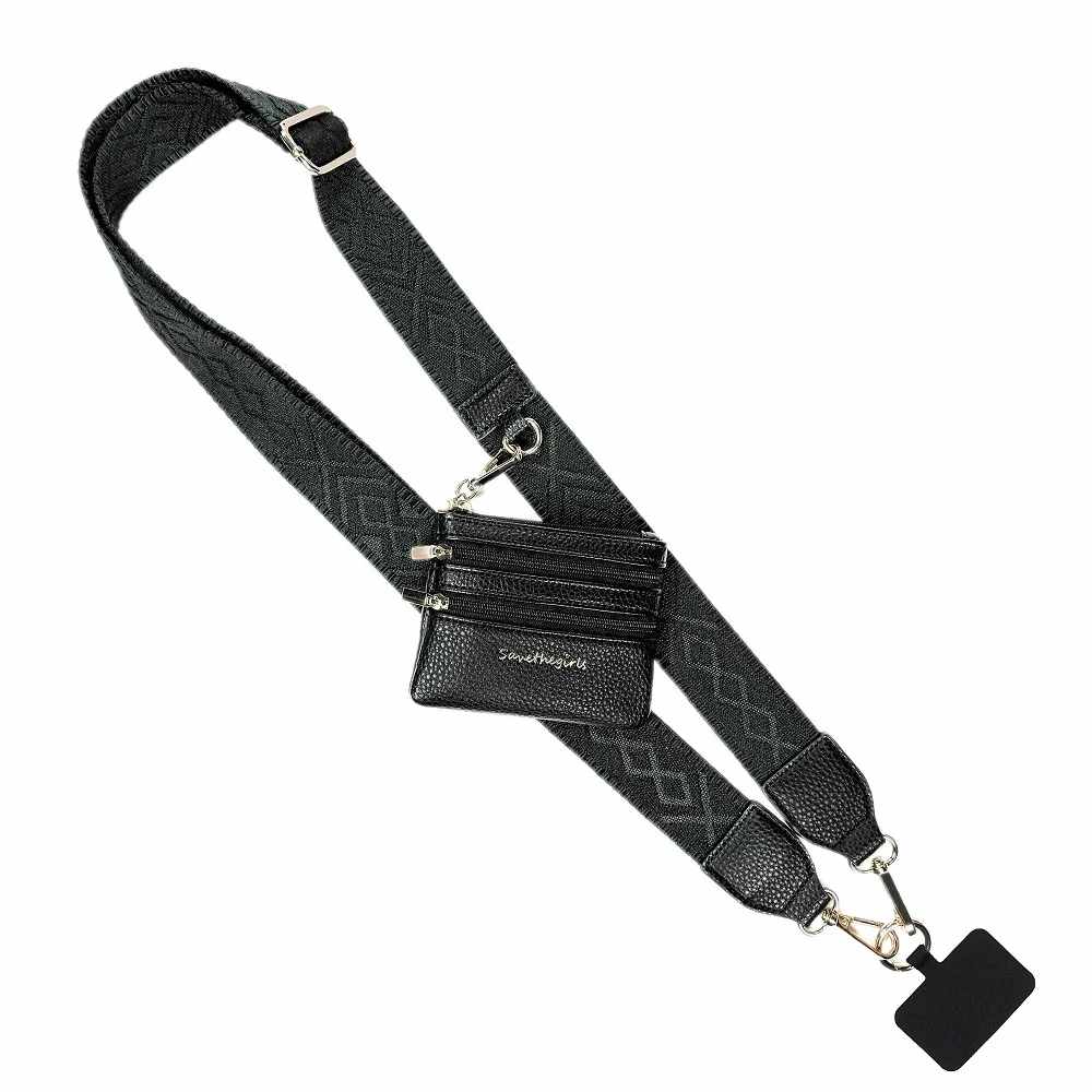 Save The Girls- Clip &amp; Go Strap with Pouch - Neutral Collection Black  - This crossbody phone strap is attractive, extremely comfortable, and offers more than meets the eye! The multifunctional, trendy design allows your phone to hang at your side hands free, while the included innovative hanging phone card, convenient zippered change pouch and detachable wristlet combine to create a product that has undeniable global appeal.  Simply place our phone card in your phone case and slip the phone card tab through the phone charging opening. You can then clip our beautiful, adjustable shoulder strap to the tab and go! It is so convenient and you can still access charging port as normal. Wear your phone hanging at the end of the shoulder strap or remove the separate wristlet strap section and carry your phone on your wrist! Carry cash, credit cards, change or other small essential items safely and securely in the zippered pouch. Wear it your way, just Clip &amp; Go!      Features:  Included Hanging Phone Card, converts your phone case into a hanging cross body carrier Beautiful and extremely comfortable, adjustable cross body shoulder strap, with removable wristlet Comes complete with a cute hanging (3) zippered change pouch. Carry cash, credit cards, change, and small items Removable, adjustable, cross body shoulder strap can easily be used on other purses Dimensions:  Adjustable Shoulder Strap: 40&quot; to 58&quot; long and 1.5&quot; wide Zippered Pouch: 4.5&quot;wide x 3.5&quot; tall w/3 zippered compartments Detachable Wrist Strap: 9&quot; long x 1.5&quot; wide