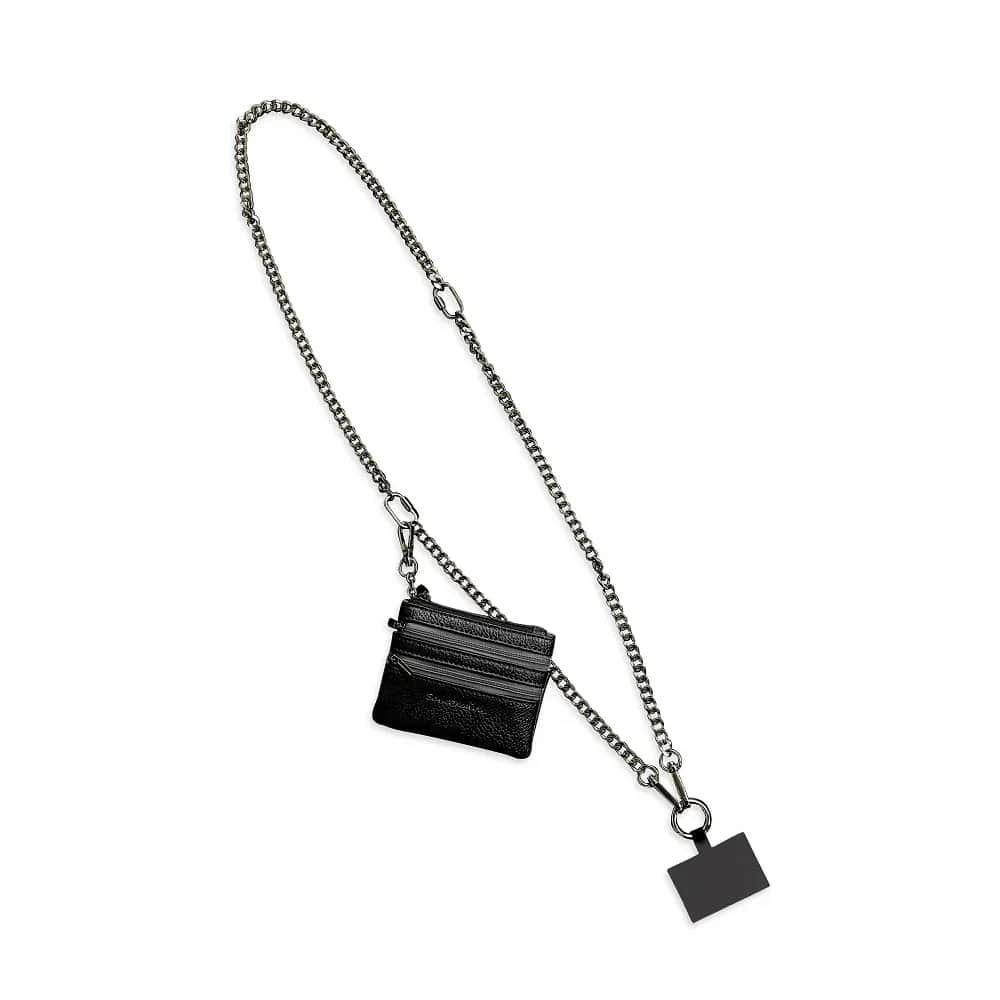 Save The Girls- Clip &amp; Go Chain w/Zippered Pouch Gun Metal  - This attractive, extremely comfortable, cross body shoulder chain offers more than meets the eye! The multifunctional design allows your phone to hang at your side hands free, while the included innovative hanging phone card, convenient zippered change pouch and detachable wristlet combines to create a product that has undeniable global appeal.  Features:  Hanging phone card that converts your phone case into a crossbody carrier.  Comfortable, adjustable and fashionable cross body shoulder strap with a removable wristlet.  Comes complete with a stylish zippered change pouch. Carry cash, credit cards, change and other small items.  This removable and adjustable cross body chain can be easily used on other purses.   Dimensions:  Full length is 56” but it can be adjusted shorter to be 49” or 56” as needed Zippered Pouch:  4.5&quot; wide x 3.5 inches tall