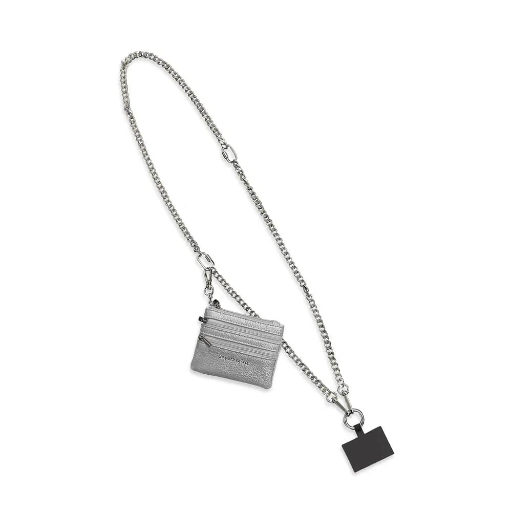 Save The Girls- Clip &amp; Go Chain w/Zippered Pouch Silver  - This attractive, extremely comfortable, cross body shoulder chain offers more than meets the eye! The multifunctional design allows your phone to hang at your side hands free, while the included innovative hanging phone card, convenient zippered change pouch and detachable wristlet combines to create a product that has undeniable global appeal.  Features:  Hanging phone card that converts your phone case into a crossbody carrier.  Comfortable, adjustable and fashionable cross body shoulder strap with a removable wristlet.  Comes complete with a stylish zippered change pouch. Carry cash, credit cards, change and other small items.  This removable and adjustable cross body chain can be easily used on other purses.   Dimensions:  Full length is 56” but it can be adjusted shorter to be 49” or 56” as needed Zippered Pouch:  4.5&quot; wide x 3.5 inches tall