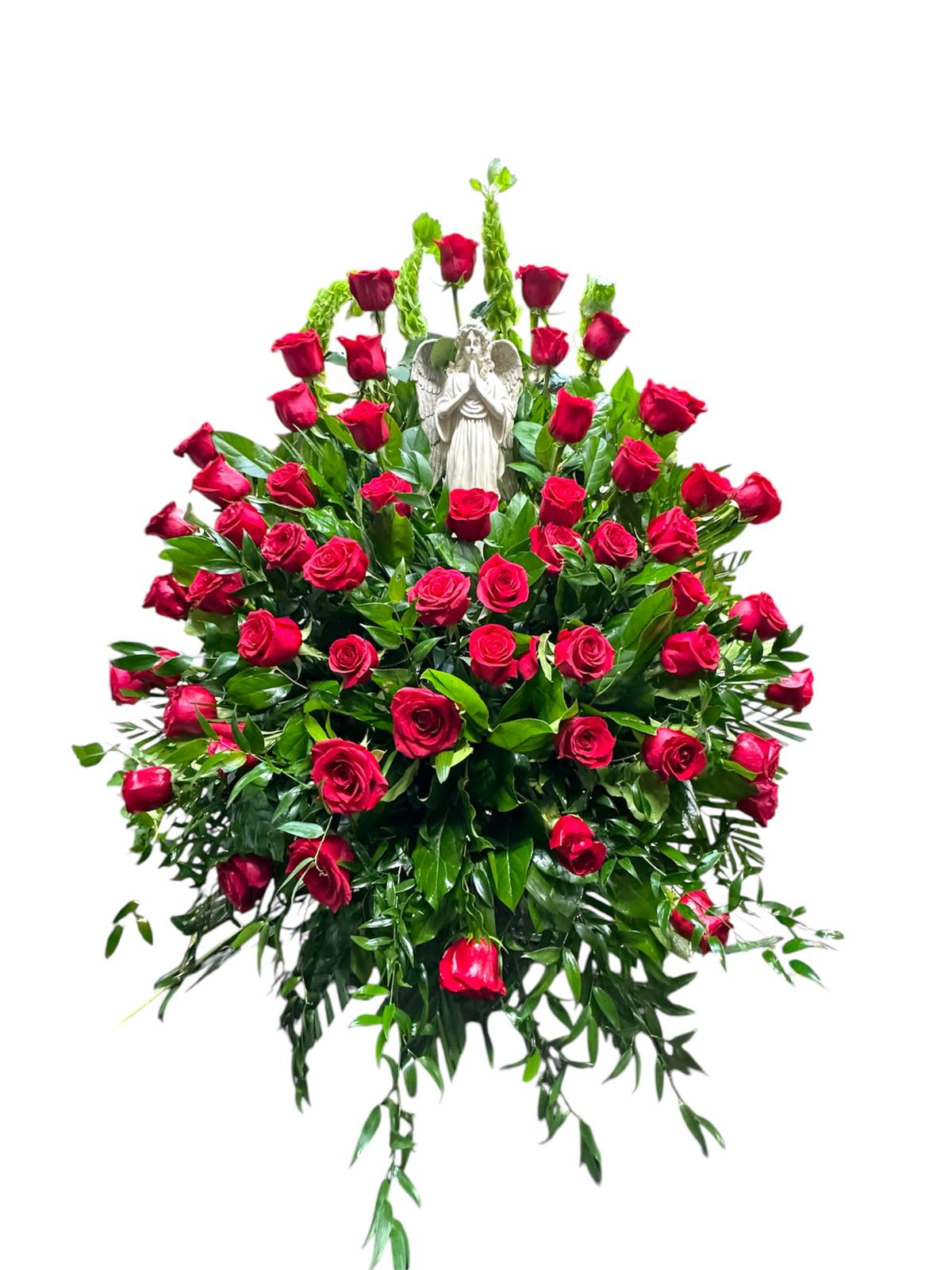 BASKET OF RED ROSES WITH STATUE BASKET OF RED ROSES WITH STATUE - THE RICH RED AND GREEN BASKET SHOWS YOUR CONSTANT LOVE AND SUPPORT