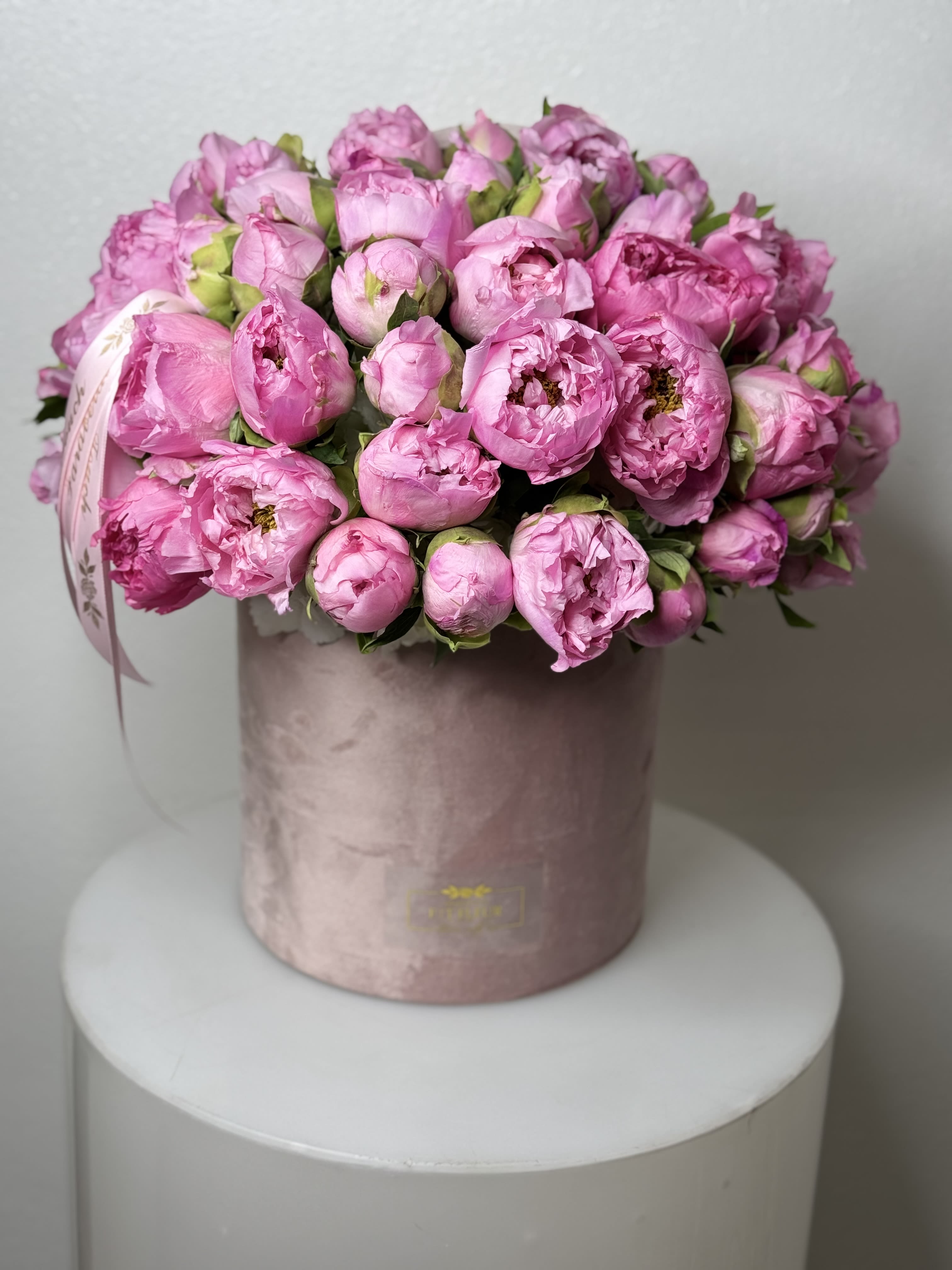 Chic Serenity: The Boxed Peonies Arrangement -  Introducing our &quot;Chic Serenity&quot; boxed arrangement, a stunning tribute to the luxurious beauty of peonies. Nestled within an elegant, handcrafted box, this arrangement features a harmonious blend of soft pink, white, and coral peonies, each exuding a delicate charm that captivates the heart.  The meticulous design showcases the peonies in their full glory, surrounded by lush greenery that adds depth and vibrancy to the ensemble. The sleek, modern box complements the romantic florals, creating a perfect balance of contemporary style and classic elegance.   Ideal for gifting or as a sophisticated addition to your home decor, the &quot;Chic Serenity&quot; arrangement brings a touch of refinement to any space. The enchanting fragrance of the peonies invites you into a world of tranquility and beauty, making it a perfect centerpiece for celebrations, or simply to brighten your day.  Elevate your floral experience with this exquisite boxed arrangement, and let the timeless beauty of peonies transform your surroundings into a haven of peace and style.