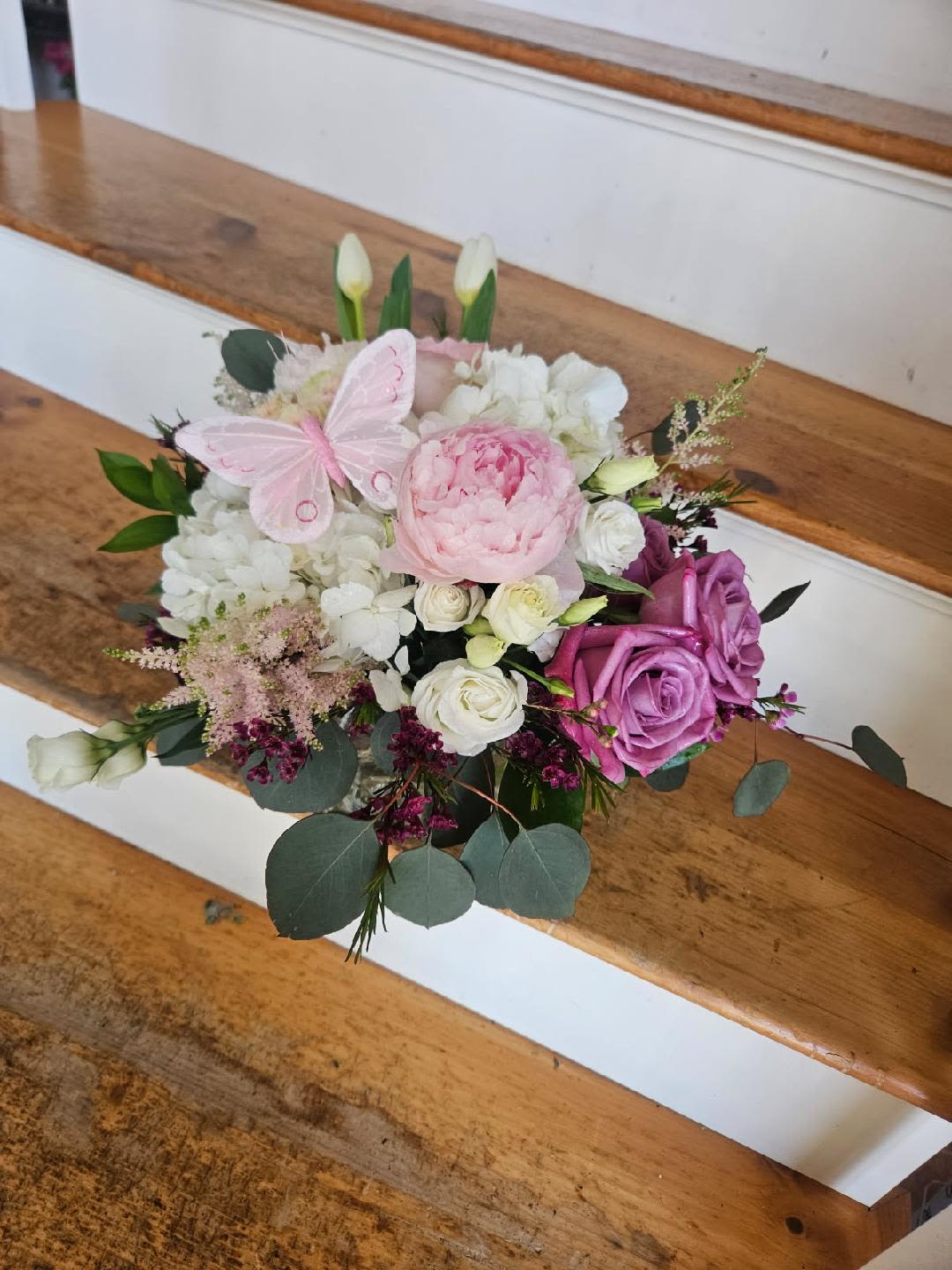 Dutch Butterfly Cube - Peonies, hydrangea, roses, spray roses, lisianthis, tulips, astilbe and filler arranged in a cube