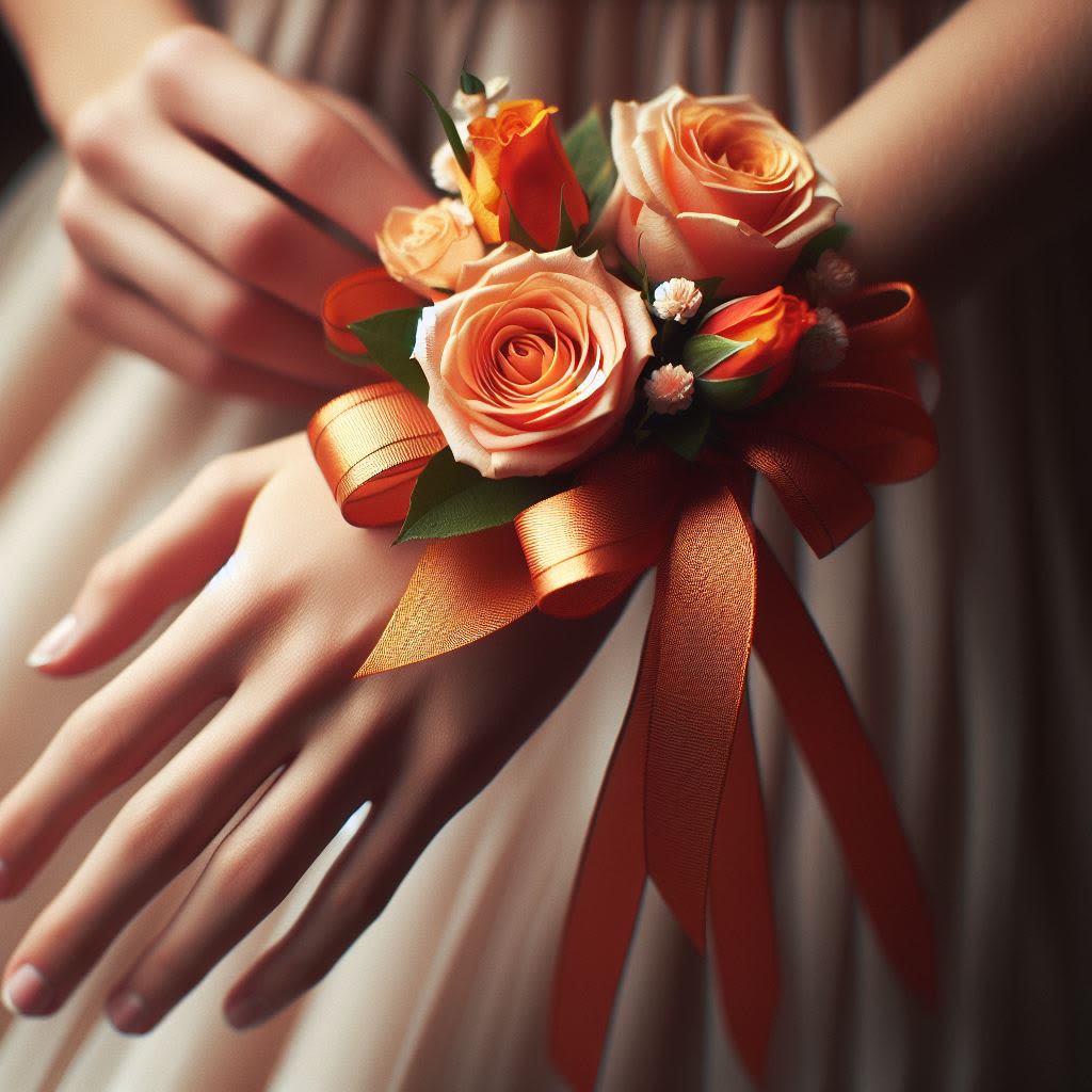 Orange Sorbet Wrist Corsage and Boutonniere Set - Brighten up your special occasions with our stunning Orange Sorbet Corsage and Boutonniere Set. Perfect for weddings, proms, anniversaries, and other formal events, this corsage adds a vibrant and refreshing touch to your attire.