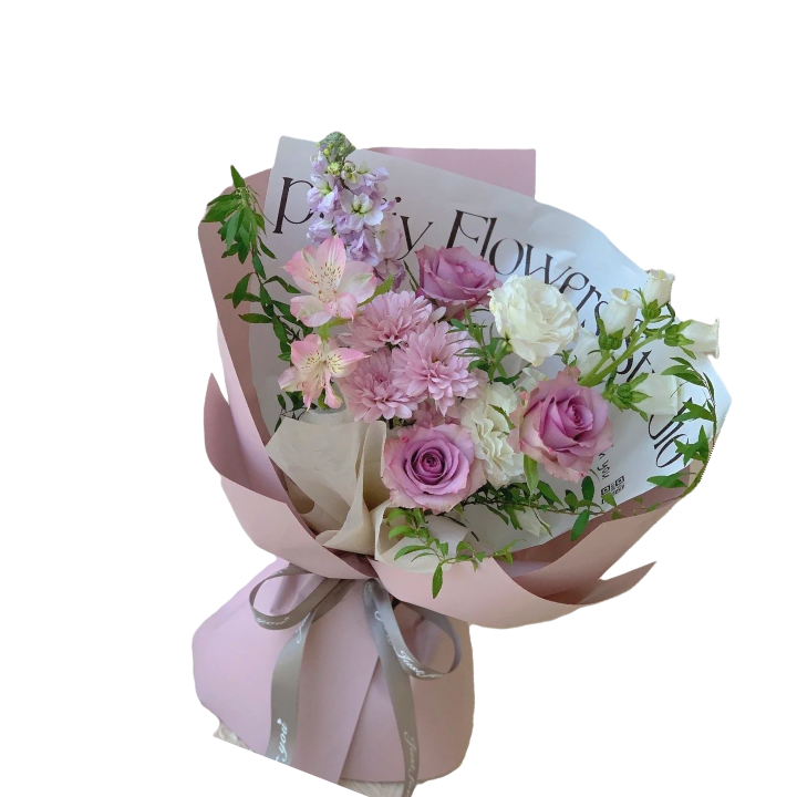Rose Bouquet - This bouquet is festive and perfect for any celebratory occasion. The arrangement includes roses, carnations, matsumoto aster, and alstroemeria. It is the ideal gift to celebrate birthdays and new beginnings. APPROXIMATE DIMENSIONS: 12&quot; D x 13&quot; H
