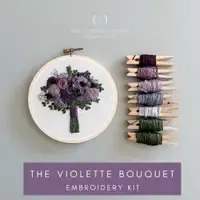 The Violette Bouquet The Violette Bouquet - The Violette Bouquet is a dark and moody purple embroidered bouquet full of textured floral drama. This listing is for a complete HAND EMBROIDERY KIT that includes the following: * Pre-printed cotton fabric * 5" embroidery natural hoop * Full skeins of DMC embroidery floss * Embroidery Needle * Stitch Guide * Online Tutorials