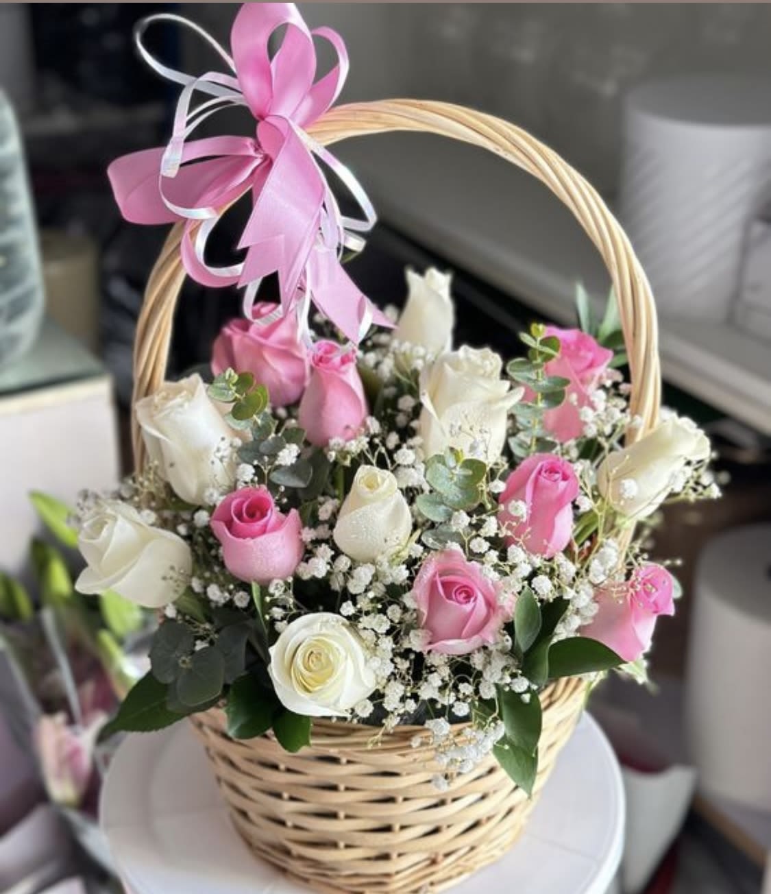 Small basket with roses  - Small basket with roses In pink and white, baby breath 