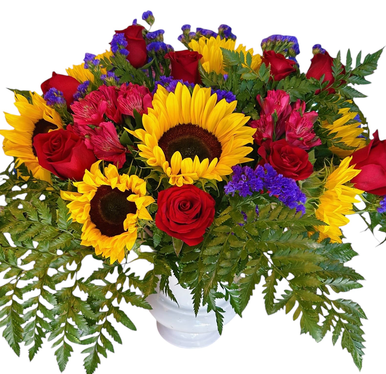 Golden Bloom Delight - Brighten someone’s day with this stunning bouquet full of joy and color. Featuring cheerful sunflowers, passionate red roses, vibrant pink alstroemeria, and striking purple statice, all nestled in fresh greenery, this arrangement radiates warmth and happiness. Perfect for birthdays, celebrations, or simply to share a little sunshine.