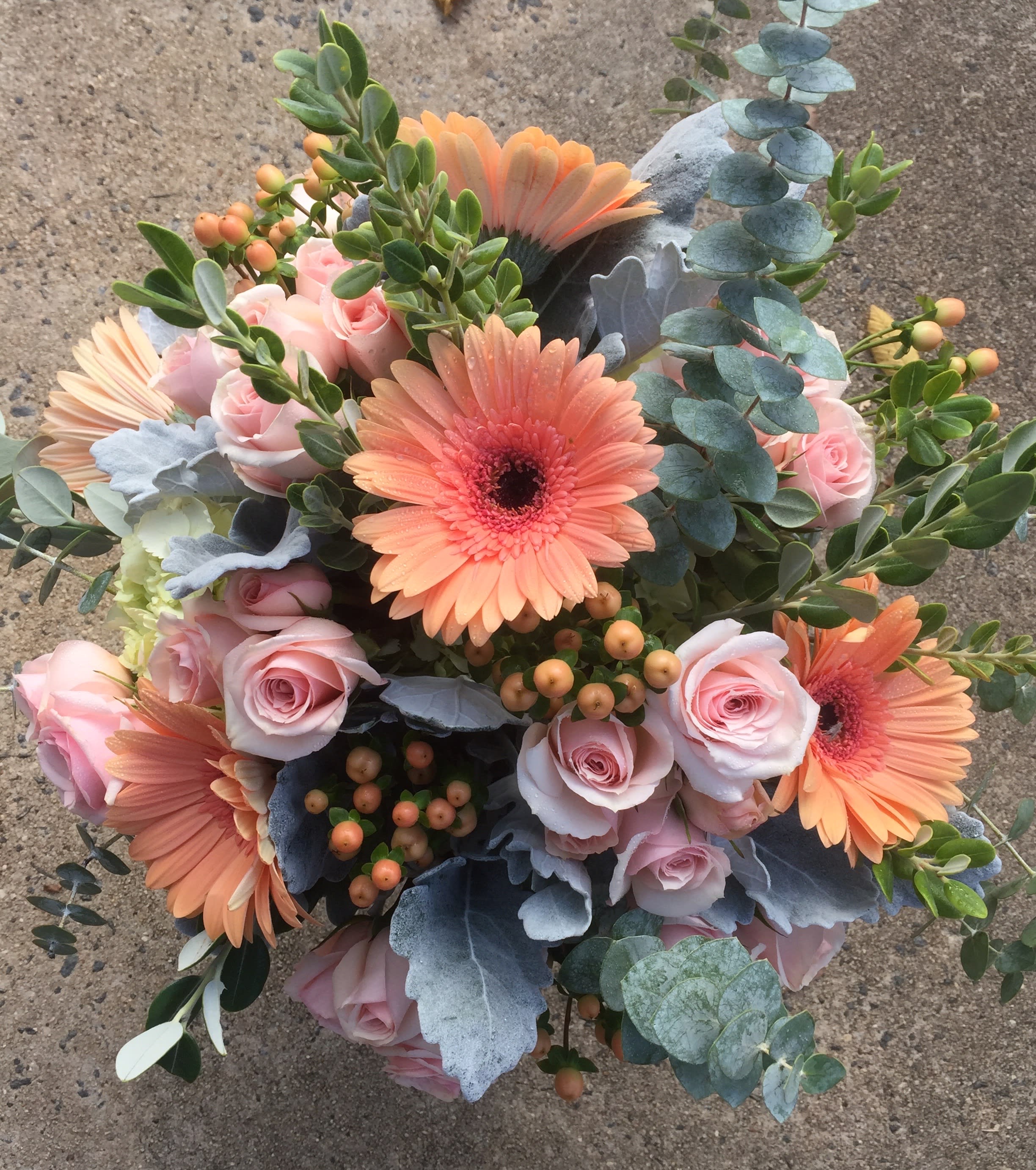 Flower Of Love - Peach gerberas and pink spray roses with peach hypericum berries.