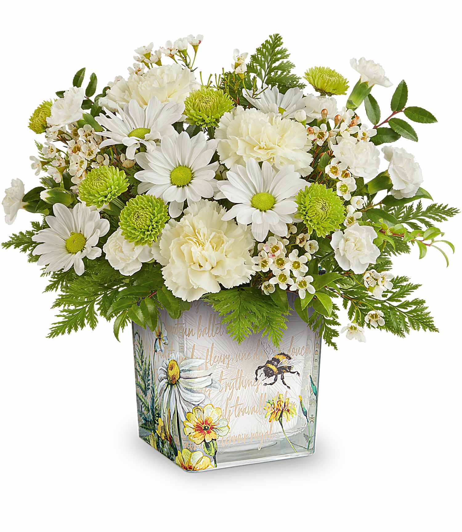 Bee Sweet - Celebrate them with this captivating white and green bouquet, elegantly presented in a keepsake glass cube decorated with a charming buzzing bee design.