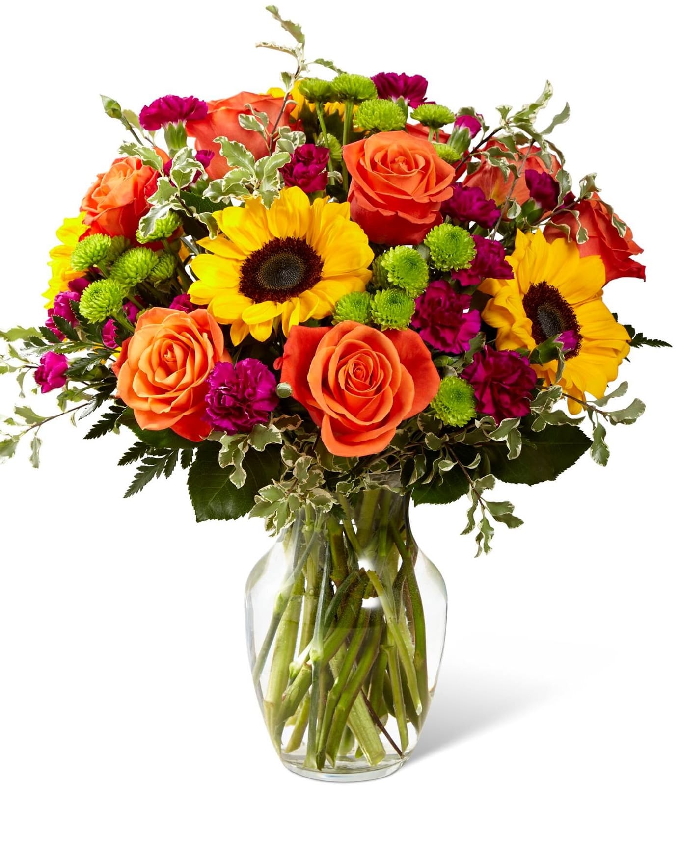 Sweetest Day Sweetest Day - Bouquet is set to create harvest happiness wherever it may be sent! Bold and beautiful, this bouquet showcases an array of fall color, bringing together eye-catching mini sunflowers, burgundy mini carnations, orange roses, and greens moms, accented with lush greens. Presented in a clear glass vase, this stunning fall flower arrangement is set to send your warmest wishes of love and gratitude to your favorite friends and family in honor of Thanksgiving, as a way to express your thanks and gratitude, or in celebration of a fall birthday. Deluxe bouquet is approx. 16"H x 14"W
