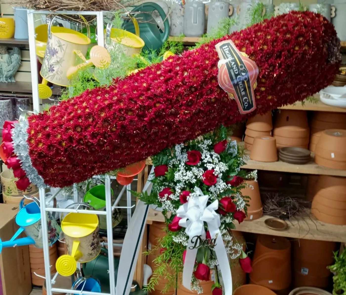 Smoking Cigar Sympathy Spray Smoking Cigar Sympathy Spray - Custom Cigar made out of mums and roses.