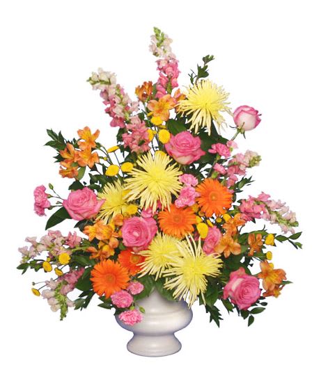 Twilight Serenity Funeral Basket Twilight Serenity Funeral Basket - Our Twilight Serenity arrangement is filled with an array of tasteful florals. We have included beautiful pink snapdragons, mini carnations, pink roses, orange gerberas, yellow Fuji mums, and other charming flowers to brighten the spirits of those who see it.
