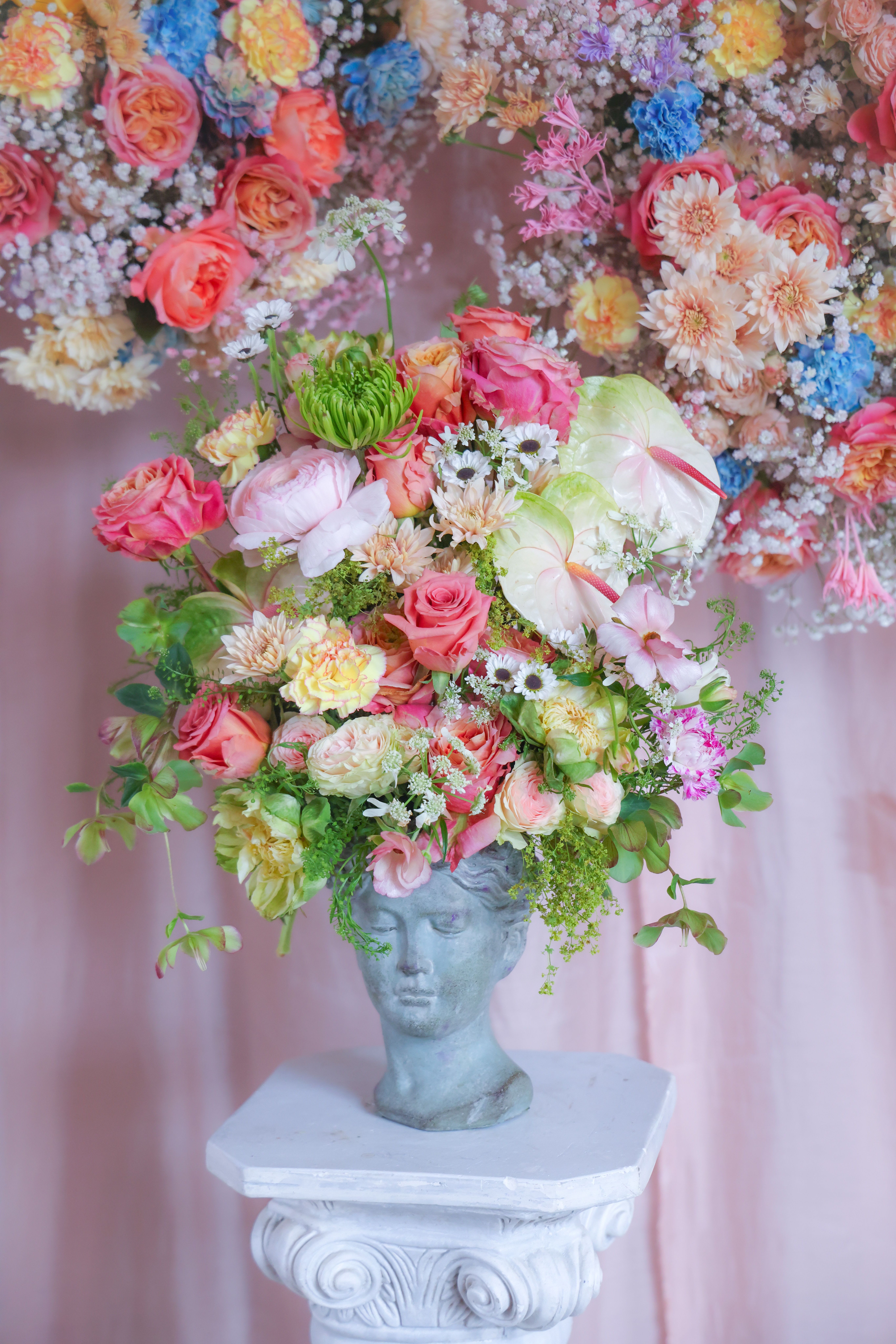 The All Things Bright and Beautiful Arrangement -  All Things Bright &amp; Beautiful is one of our newest Mother’s Day Collection Arrangements.  Limey with shades and overtures of pink, this floral speaks of juicy, summer watermelons still in the rind, ripe raspberries with a splash of green citrus. Cheerful, cheeky and bright, this arrangement brings joy and pert playfulness to honor and celebrate the forever loving spirit of dearest Mothers.  