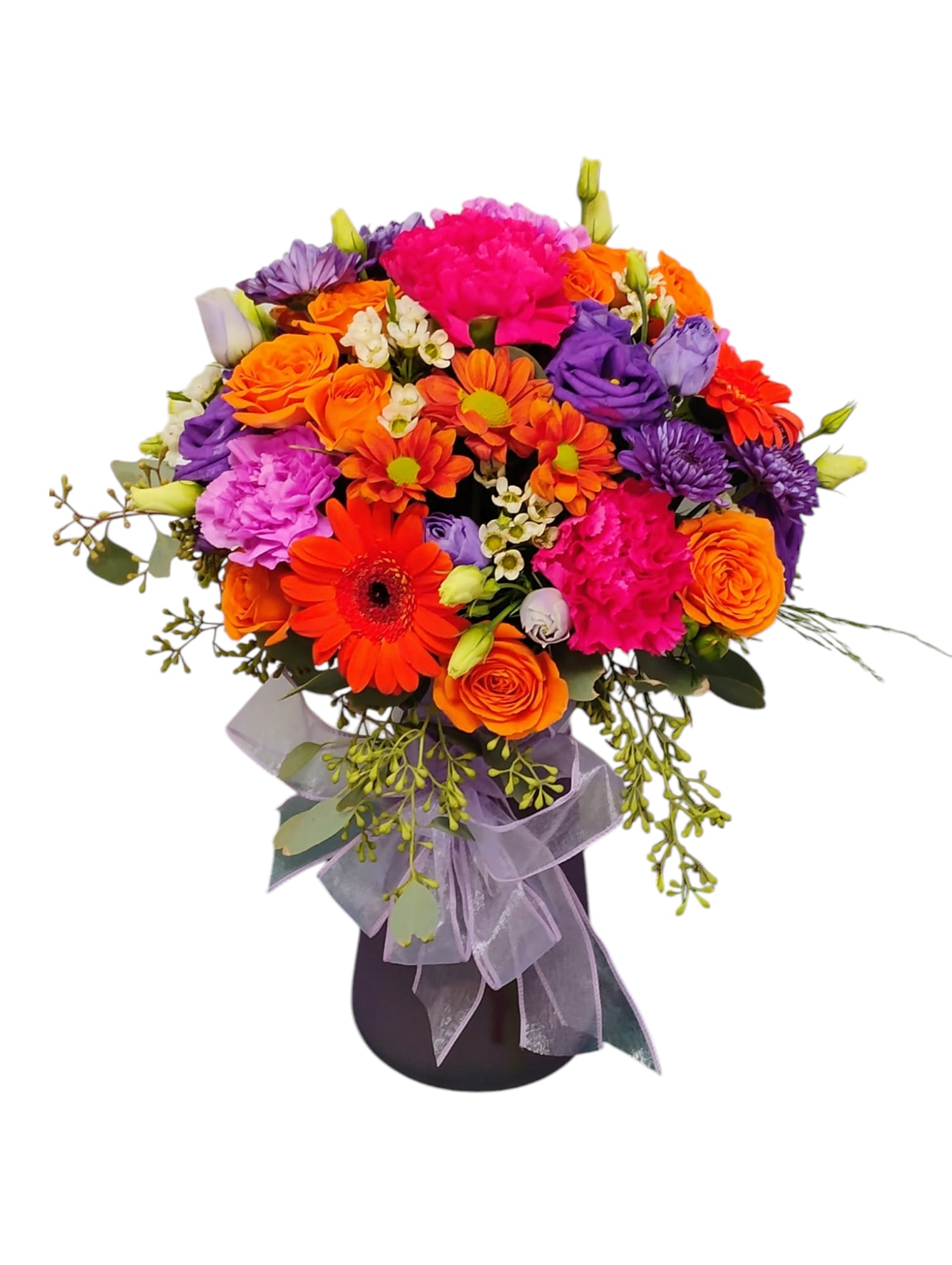 Vibrant Harmony Vase  - Transform any space with the Vibrant Harmony Vase, a stunning arrangement of fresh roses, carnations, and daisies in a beautiful vase. This colorful display in orange, violet, and pink is not just a decoration; it’s a statement piece that brings joy and warmth to your home. 