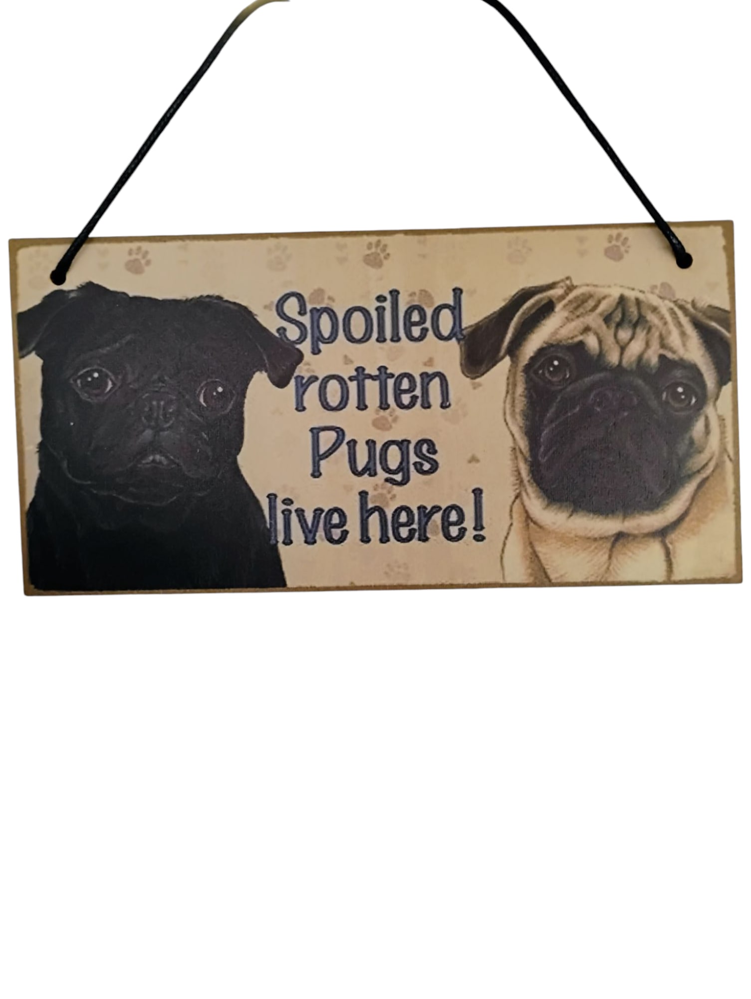 Pugs Wooden Sign - Brighten up any space with our charming 4&quot;x8&quot; wooden sign decor! Featuring a delightful novelty print with 2 pug dogs &quot;spoiled rotten pugs live here&quot; sentiment along with a rustic twine rope hanger, this sign is perfect for adding a touch of whimsy to your home or office. It's not just a decor piece; it makes a fantastic add-on gift that will bring smiles to friends and family alike. Grab yours today and let your walls speak with personality!