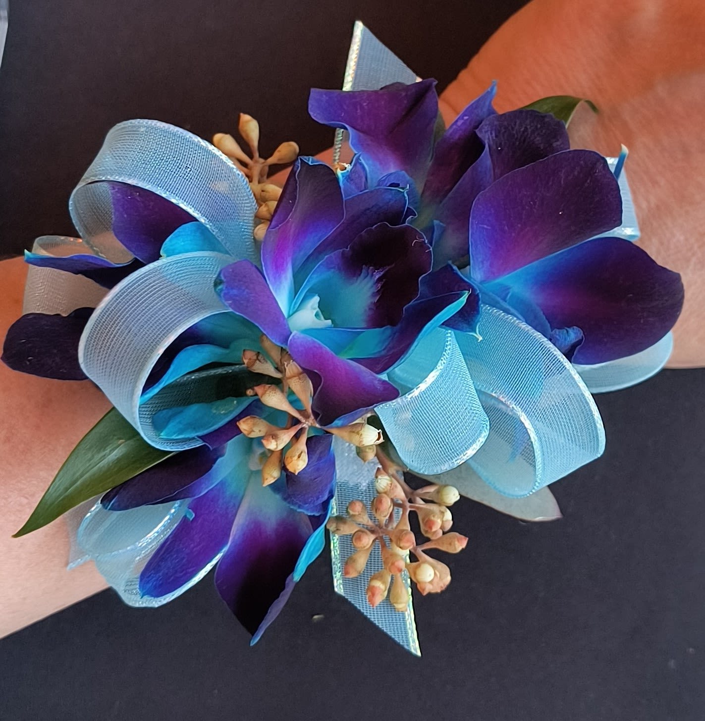 Premium Blue Bom Wrist Corsage - Unforgettable blue dendrobium orchids!