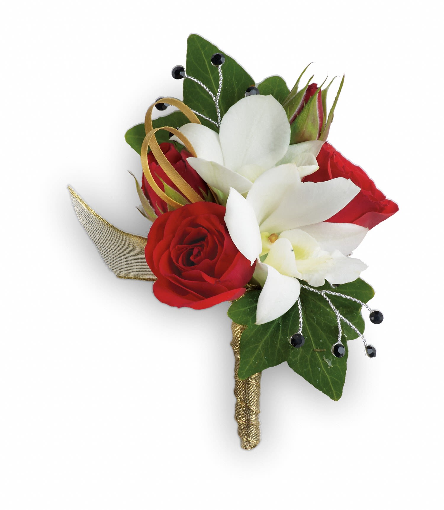 Star Studded Boutonniere - Elegant orchids and classic red roses make you the star of the show.