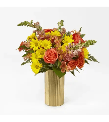 Special bouquet with n a gold vase - Roses, Alstroemerias, daisy’s,  snapdragons 