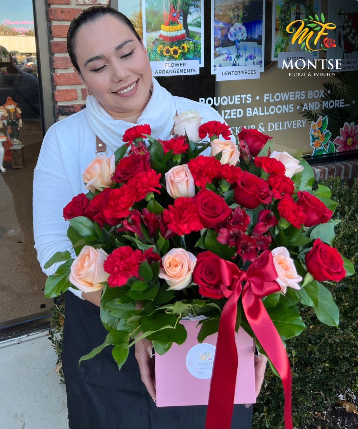 Vanessa  - Red and peach roses, Alstromerias, carnations in a luxury box 