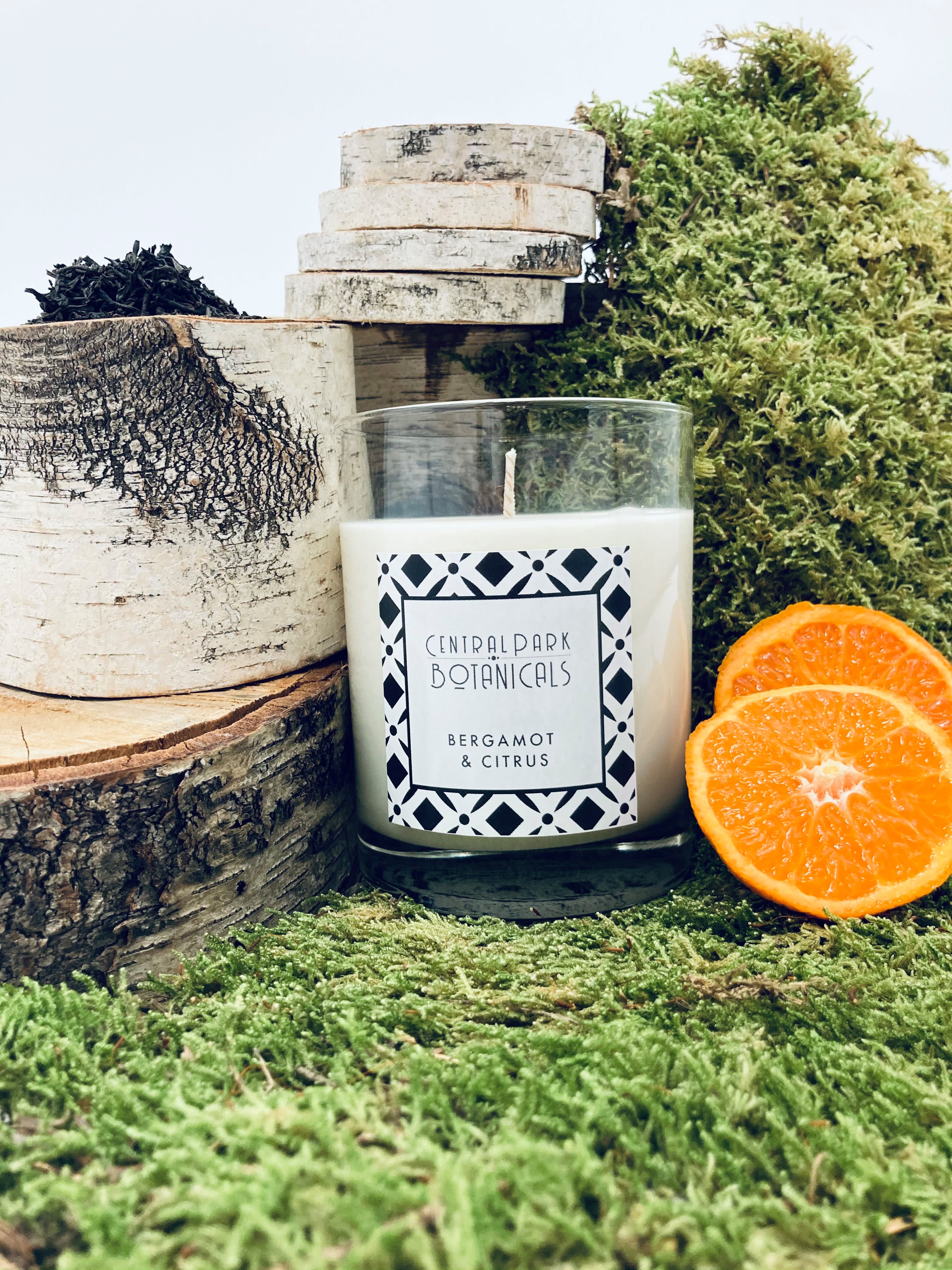 Bergamot &amp; Citrus Organic Bees Wax Pure Soy Candle by Central Park Botanicals - Bergamot &amp; Citrus is a bright and refreshingly fresh candle that feels like a cool sunny morning. With notes of Bergamot and White Tea as well as Citrus you will feel awake and restored just walking by this beaming candle.    Our premium hand poured organic beeswax and pure soy candles are locally poured and crafted and contain carefully selected essential oils and fragrances to provide you with a clean burn and an incredibly fresh and bright citrus and bergamot scent.  Measurements: 9.8 ounces  