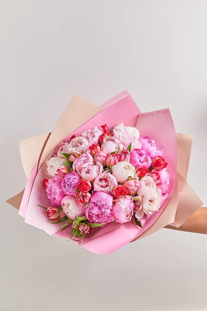 Perfect Peonies Wrap - ***PEONIES COLOR VARY*** arrangement creates an atmosphere of love, tenderness, and the everlasting charm of peonies.