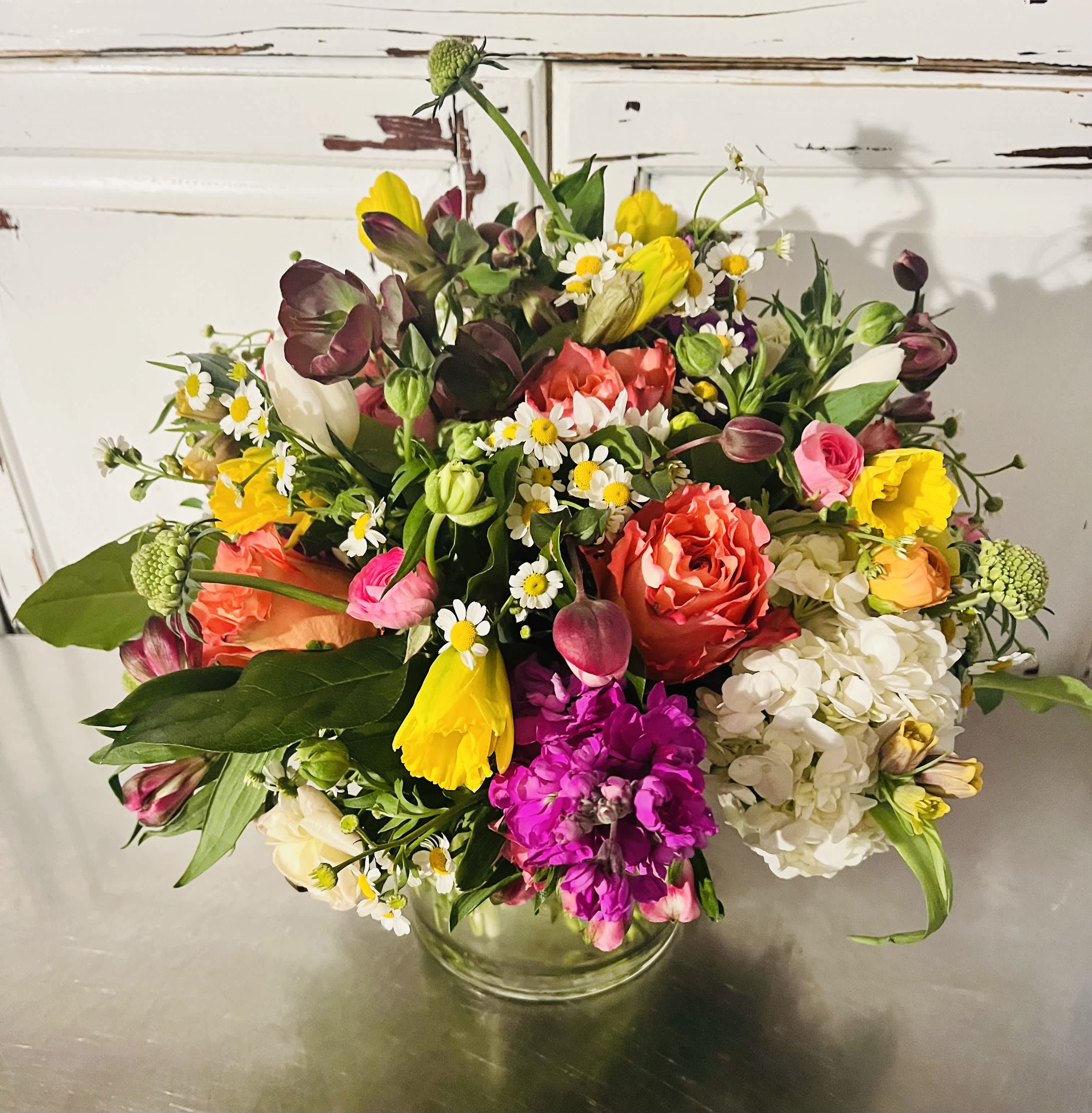 Mothers Day Beauty - This uplifting Mother's Day, fresh spring filled design is our signature, sure to delight its recipient. Light and airy with Hydrangea, Tulips, spring bulb flowers and assortment of filler flowers designed in a glass cylinder or Globe vessel