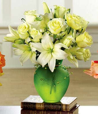 Green and white roses & Lilies with Serenity Green and white roses & Lilies with Serenity - green and White Roses • White Lilies • Green Vase