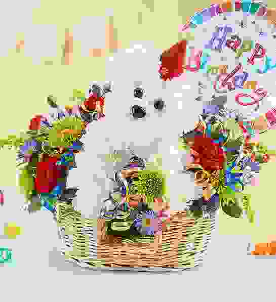 Another Year Rover with a Happy birthday Mylar - White Carnations, Green Buttons, Mini Red Carnations, Solidago,  Purple Statice, Purple Monte Casino,  designed in a brown basket  with a Happy Birthday Mylar Balloon.