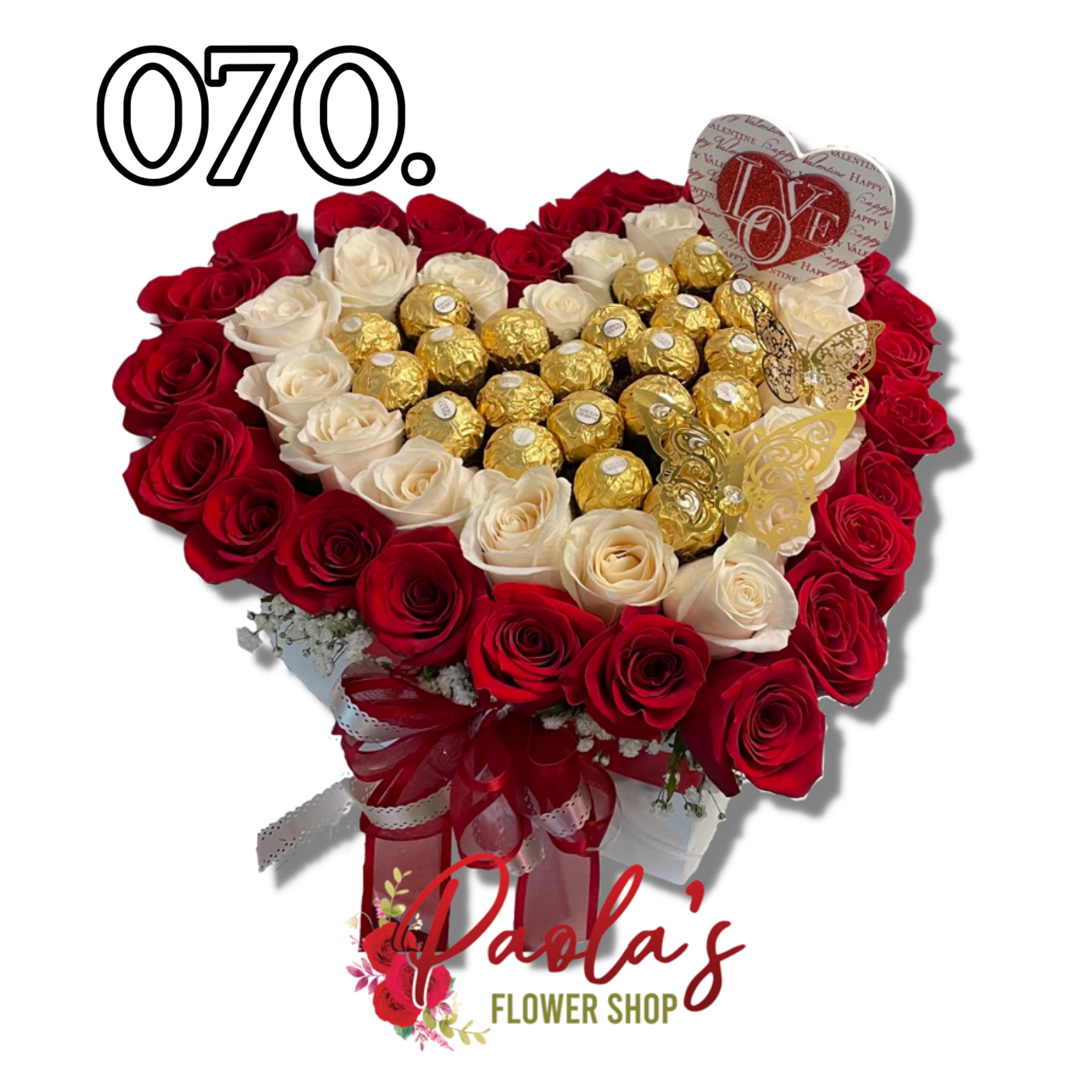 Double color heart box Double color heart box - red and white roses in a heart box, the center contains ferrero rocher chocolates