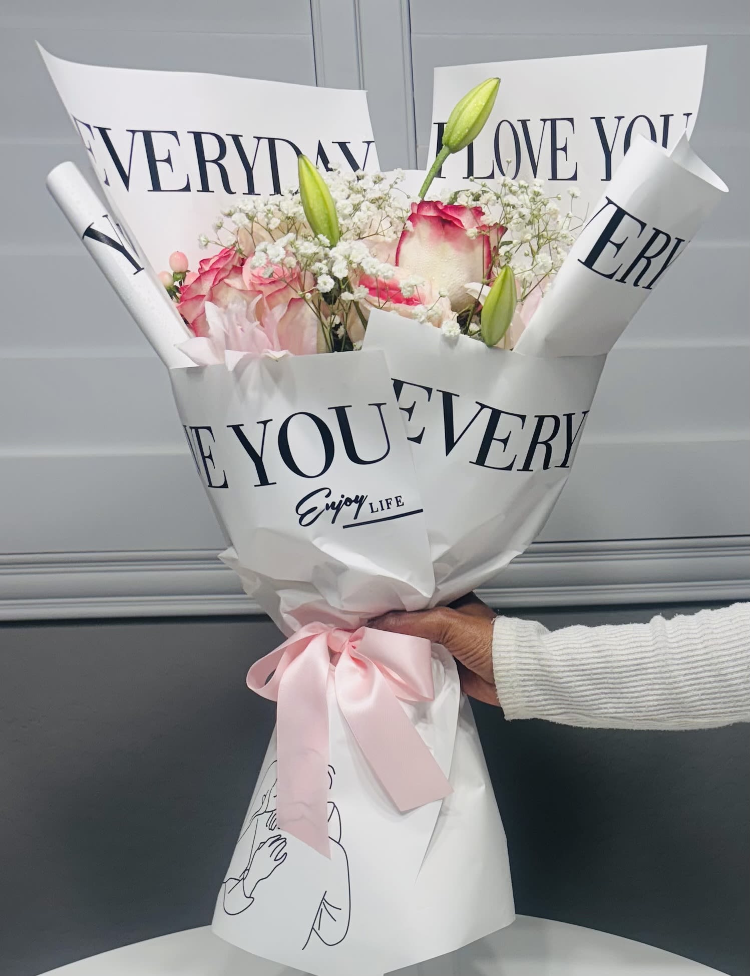 Everyday I Love You - Your love will say, “Everyday I Love You” with this one dozen pink roses, pink rose lillies, pink hypericum berries, Gypsophilia.