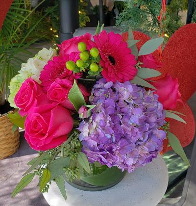 All My Love Bouquet All My Love Bouquet - Vibrant hot pink roses, hydrangeas, and gerbera daisy arranged in a glass vase. So fun and our best seller.