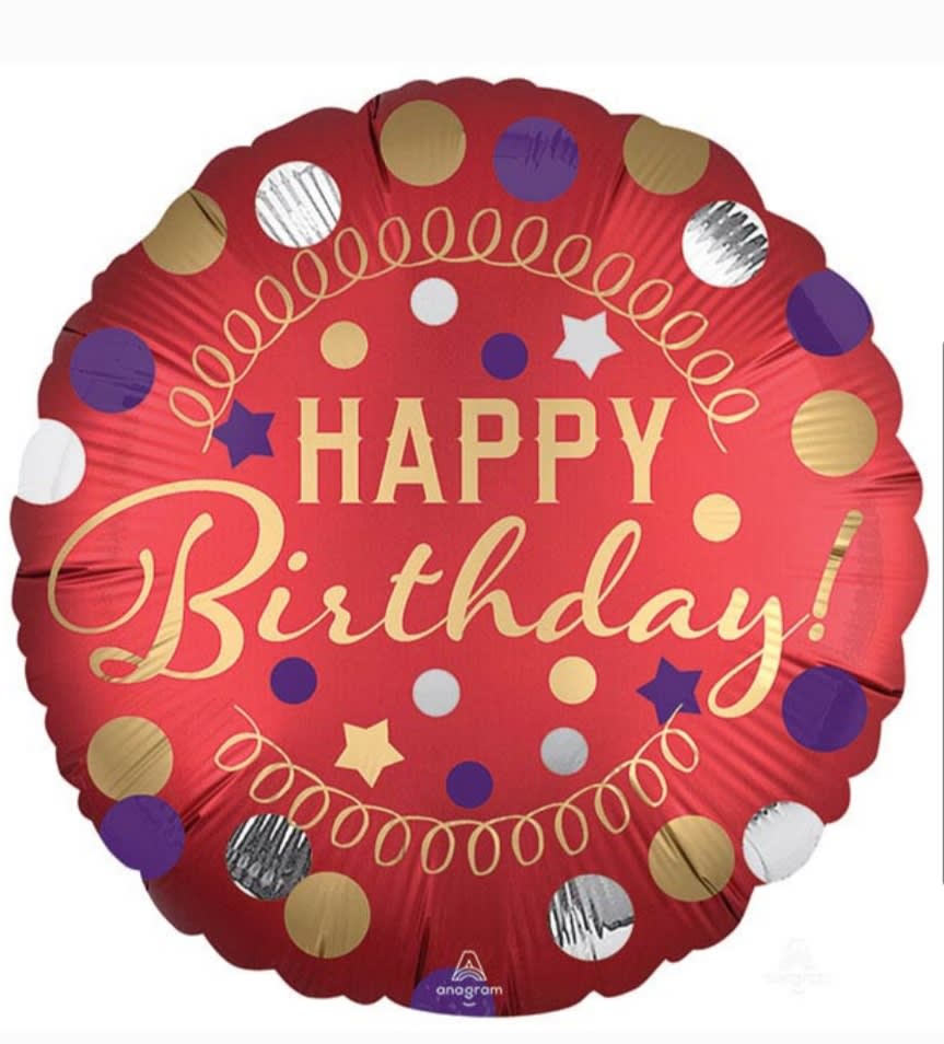 Red Polka Dot Happy Birthday Mylar Red Polka Dot Happy Birthday Mylar - A standard-sized red mylar balloon with white, gold & blue polka dots that reads "Happy Birthday!"