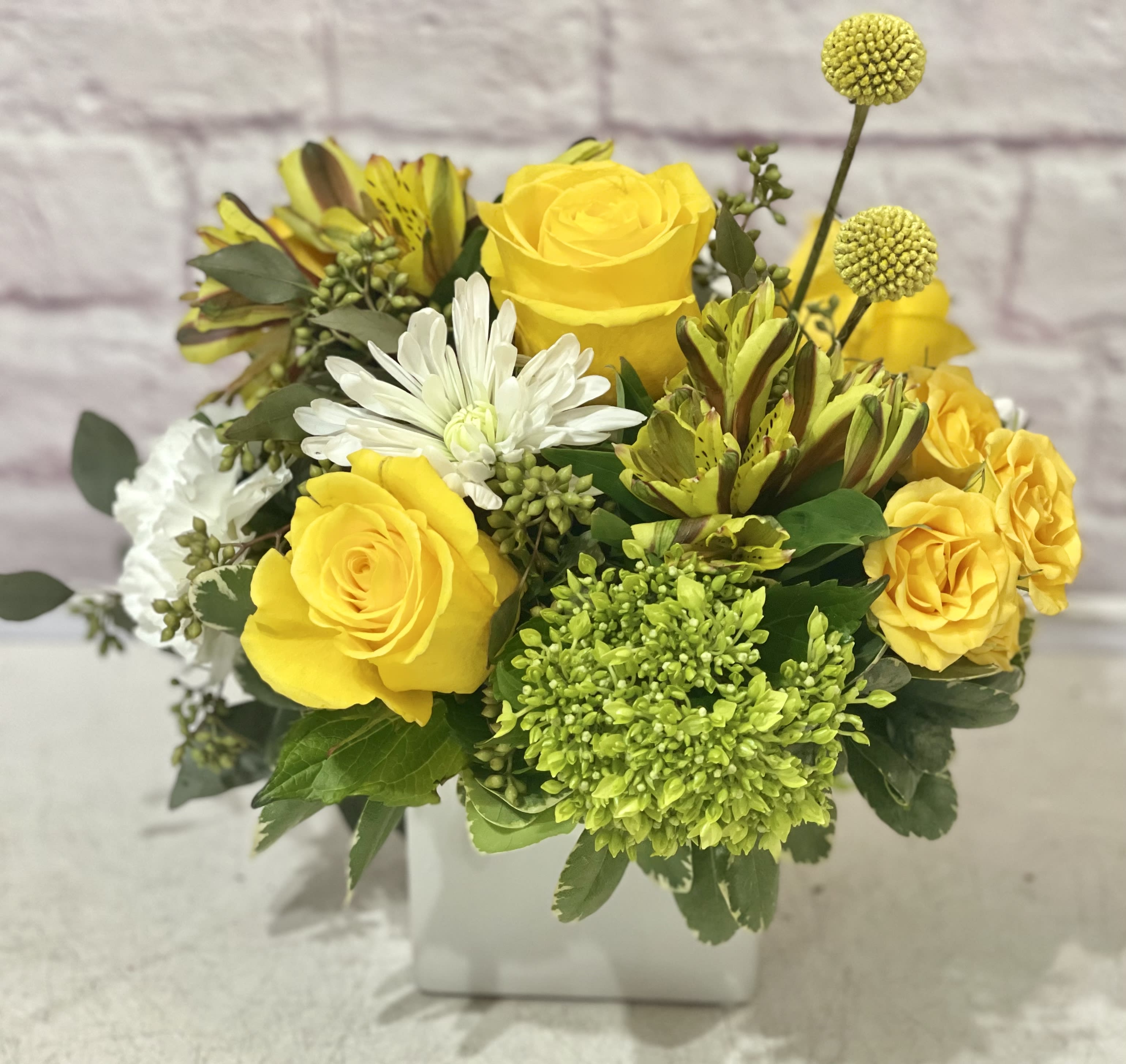 Sweet Blooms Sweet Blooms - Seasonal blooms in a yellow, white and green palette in a white ceramic vase. Perfect flowers for birthdays, "get well soon," new baby, sympathy, congratulations, and"Thank you." Available for delivery in Seattle, Bellevue, Shoreline, and surrounding areas. Available for delivery in all neighborhoods in Seattle including Magnolia, Ballard, Fremont, Downtown, Queen Anne, Crown Hill, U District, West Seattle, International District, Capitol Hill, Pioneer Square, Beacon Hill, Columbia City, Georgetown, etc.