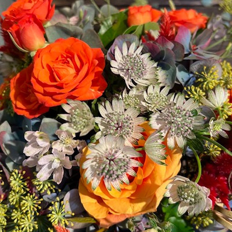 Midsummer - A mixture of seasonal colors  wrapped in mesh. This is a hand-tied bouquet. If you would like a vase please go to add product and choose standard vase for standard arrangement, deluxe vase for deluxe arrangement and premium vase for premium arrangement.