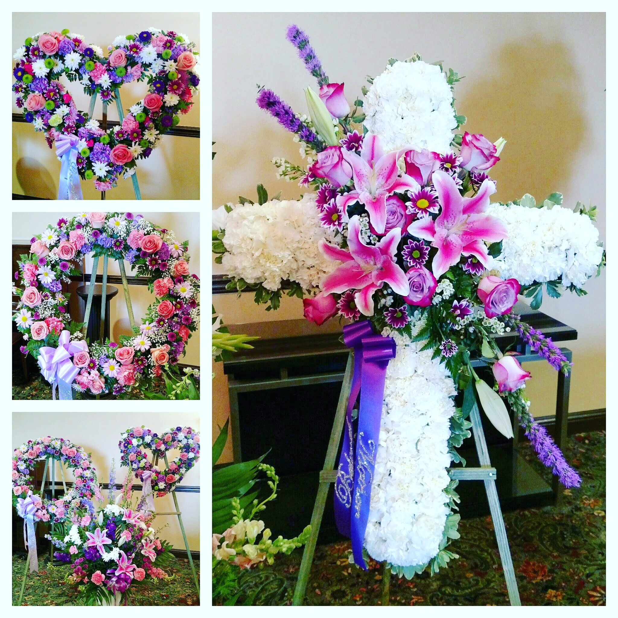 Loving Memory 4 Piece Package - This package comes with an all matching set of 1 open heart, 1 wreath, 1 cross and 1 basket. Color changes may  be requested as well as the primary bloom. You may specify a color combination or we can choose it for you. 