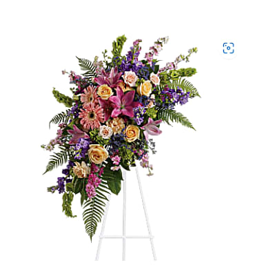 Mixed Beauty Mixed Beauty - Lovely mix of pinks and purples hanging spray. Includes a beautiful mix of ferns, gerbera daisies, larkspur and more.