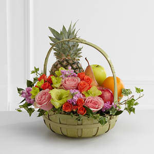 The FTD® Rest in Peace Fruit & Flowers Basket The FTD® Rest in Peace Fruit & Flowers Basket - The FTD® Rest in Peace™ Fruit & Flowers Basket is a thoughtful gift that conveys your warmest sentiments for the family and friends of the deceased. Pink roses, pink stock, orange spray roses, green gladiolus, variegated ivy, and lush greens are arranged amongst a collection of fruit, gorgeously seated in a large green basket to create a gift that expresses your deepest sympathies for their loss. (z)