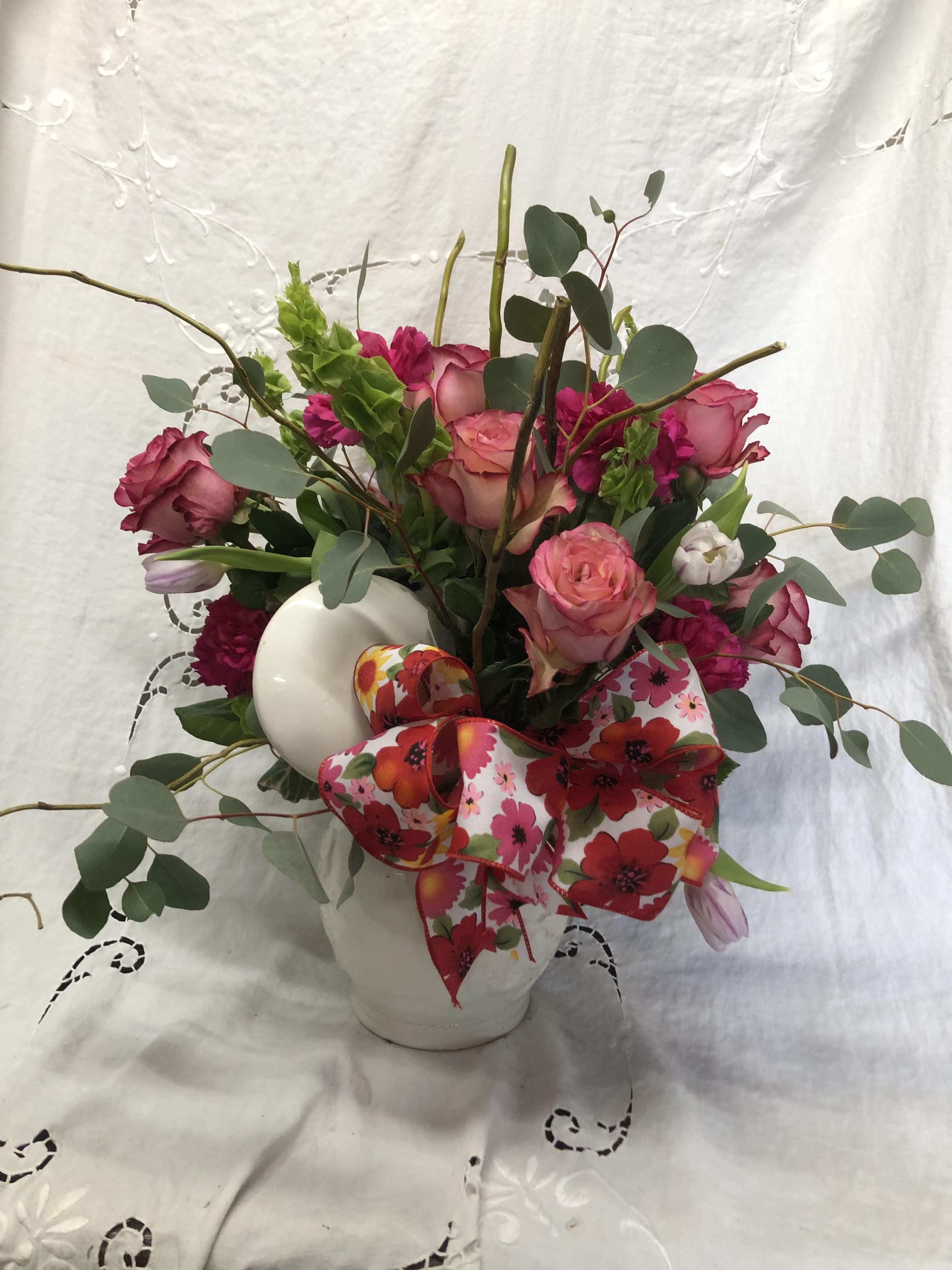 JARRED THOUGHTS - ROSES, CARNATIONS AND BELLS OF IRELAND IN A CUSTOM KEEPSAKE JAR