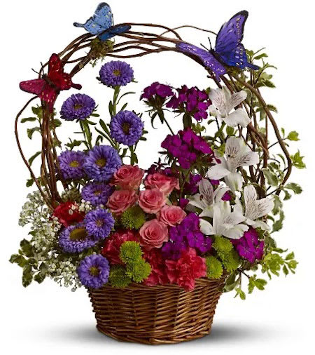 BUTTERFLY BASKET BUTTERFLY BASKET - ake their breath away with a vibrant picturesque of hot pink, green, and purple flowers customed designed especially for the one that on your mind. I'll Fly Away is what they will say when that perfect surprise land on their doorstep.