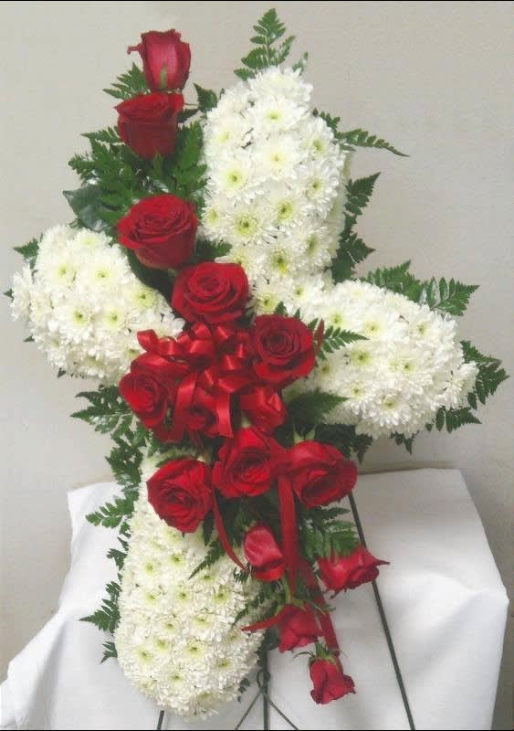 White Cross with Red Roses White Cross with Red Roses - Traditional White Cross is made with white mums and Red Roses. *Deluxe Shown is approx 28"T, Standard is approx 24"T, Premimum is 36" T