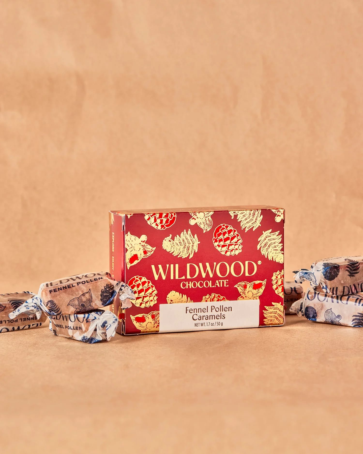 Wildwood - Fennel Pollen Caramels - Subtly minty fennel shines through in this smooth, perfectly textured caramel.  Eighteen pieces per box.  Compostable wrappers.  