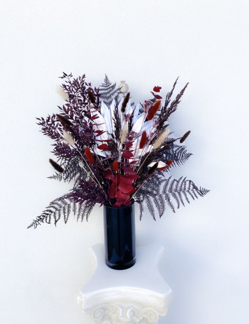 Dark Romance - Dried Flower Arrangement - This arrangement full of love and dried flowers is the perfect gift for your friends and family with a dark side to them.   With the proper care, these florals can last a lifetime!   Vase is included.  All Sunset Flor arrangements include a care card, and floral info sheet.  