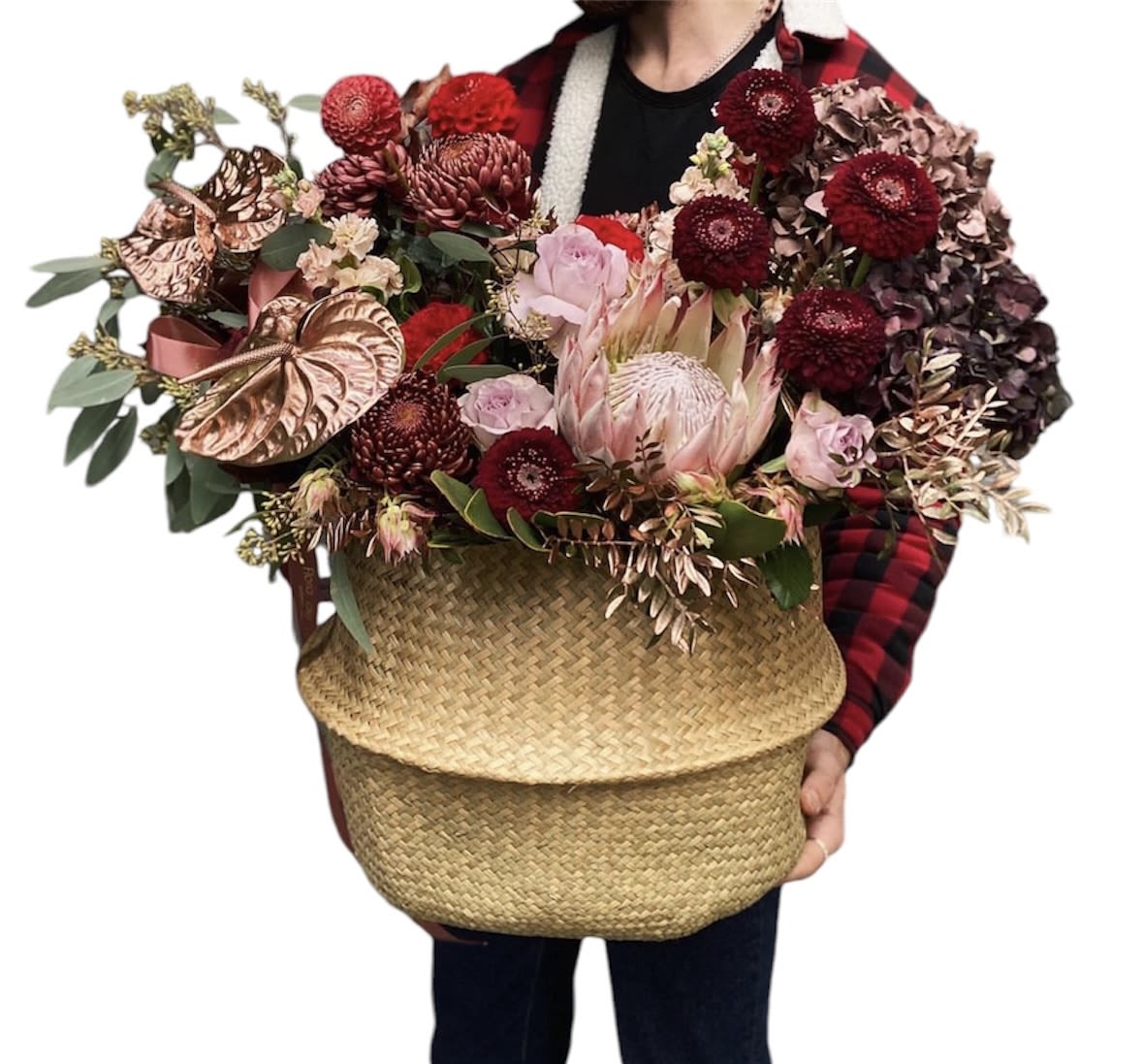 Unusual large basket of flowers with the addition of royal protea - Unusual large basket of flowers with the addition of royal protea.  the composition includes tropical and unusual flowers
