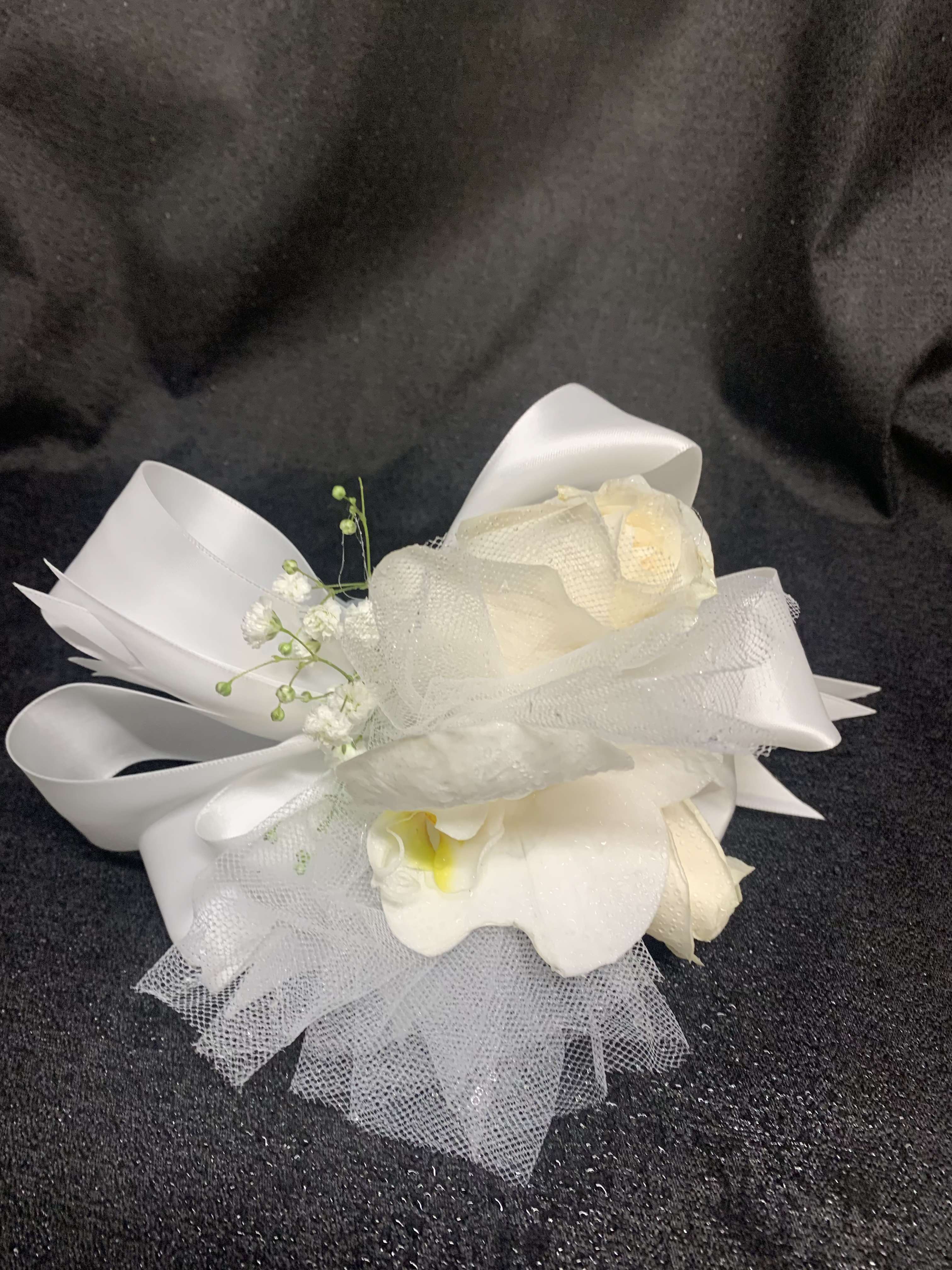 STANDARD CORSAGE - SWEETHEART ROSES AND/OR ORCHID AND/OR FILLER FLOWER AVAILABLE IN ALL COLORS (IF ORDERING ONLINE UNDER FLORIST NOTE NAME COLOR)