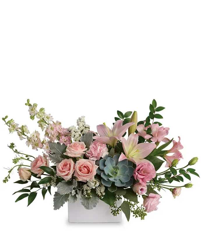 Modern Romance Succulent Arrangement - This chic arrangement is the ideal gift for any trendsetter in your life! Delicate pastel pinks and a sophisticated succulent come together in a perfectly harmonious, ultramodern floral display!