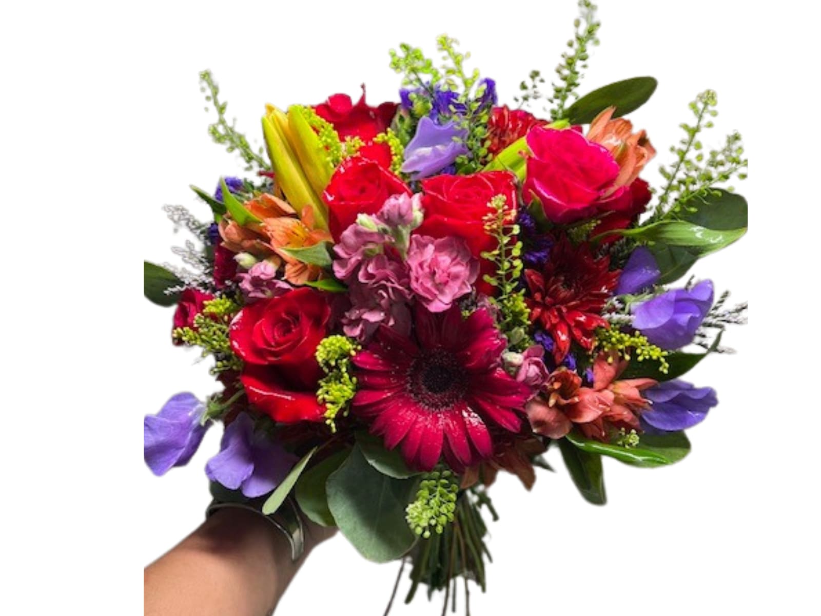 Prom Nosegay - Bright &amp; Bold - Mix of all Bright and bold tone flowers, perfect for black dress, arranged beautifully in small handheld handpicked look will have a variety of filler and eucalyptus greens. Stems will be wrapped in your choice color sheer ribbon. Ribbon color is to compliment dress color not exactly match.  **Please note in special instructions what color ribbon and any other special requests.  Bouquets typically contain a mix of roses, spray roses, alstroemeria, daisies, stock, hydrangea, snap dragons, carnations, mini carnations, fillers and greens    Bouquet will not match the photo exactly, as each nosegay is uniquely hand made by our designer. Will have same look, feel and size.  